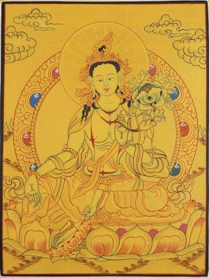 Genuine Hand-Painted Green Tara Thangka Painting | 30x 23 CMS Small Size Healing Goddess Art | 24k Full Gold Style Tibetan Wall Decor Art